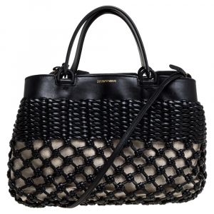 Emporio Armani Black/Beige Leather and Canvas Woven Knot Shoulder Bag