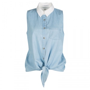 Equipment Blue Contrast Collar Tie Detail Sleeveless Denim Mina Blouse S