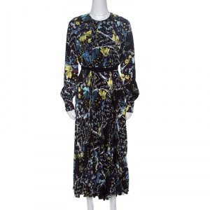 Erdem Black Floral Print Pleated Belted Long Sleeve Rhona Dress S