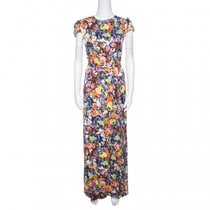 Erdem Floral Printed Silk  Belted Cap Sleeve Aurelia Maxi Dress S
