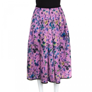 Erdem Pink Perforated Floral Print Ina Moreau Pleated Midi Skirt M