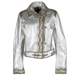 Ermanno Scervino Metallic Silver Goat Skin Leather Embellished Jacket M