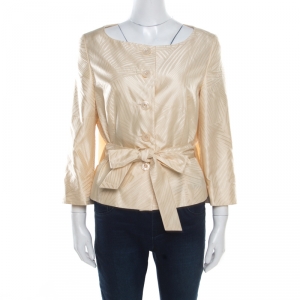 Escada Cream Silk Jacquard Waist Tie Detail Button Front Jacket M