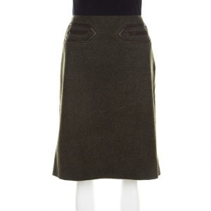 Escada Dark Green Wool Leather Piping Detail Pencil Skirt L