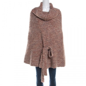 Escada Multicolor Chunky Wool and Cashmere Knit Belted Turtle Neck Poncho L