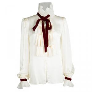 Escada Cream Silk Contrast Velvet Trim Tie Detail Ruffled Blouse XS