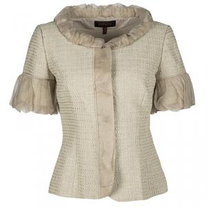 Escada Beige Textured Silk Trim Short Sleeve Jacket XS