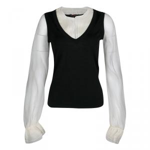 Escada Monochrome Faux Layered Ruffled Trim Long Sleeve Blouse S