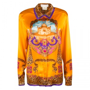 Escada Saffron Orange Taj Mahal Printed Silk Long Sleeve Blouse M