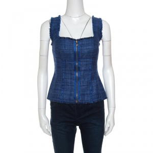Escada Blue Textured Fringe Trim Zip Front Sleeveless Top M