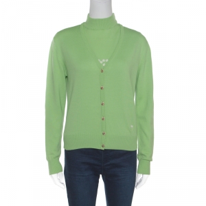 Escada Green Wool Floral Embroiderd Cardigan and Sweater Vest Twin Set M