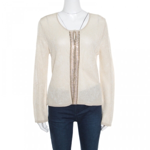 Escada Beige Lurex Knit Embellished Cardigan M