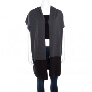 Escada Grey Dark Diamond Wool and Silk Open Front Sleeveless Hooded Cardigan M