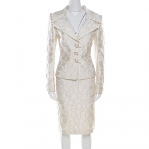 Escada Cream Floral Jacquard Embellished Buckle Detail Skirt Suit L