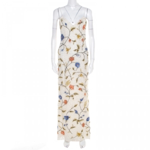 Escada Off White Floral Embellished Silk Sleeveless Maxi Dress S