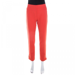 Escada Coral Orange Stretch Crepe Logo Buckle Detail Pants M 