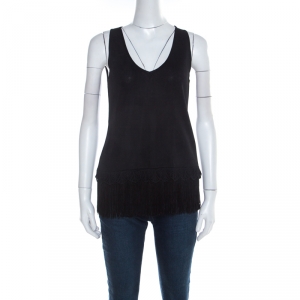 Escada Black Stretch Knit Fringed Hem Sleeveless Top M 