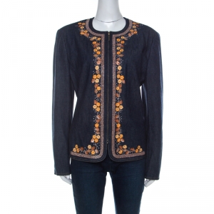 Escada Blue Denim Floral Embroidery Embellished Detail Zipped Jacket XL