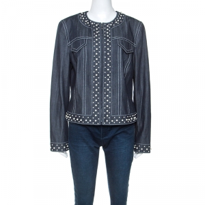 Escada Dark Blue Pearl Embellished Zipped Jacket L