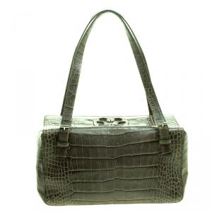 Escada Green Croc Embossed Leather Satchel