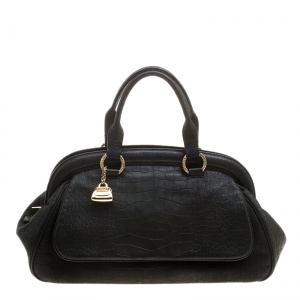 Escada Black Croc Embossed Leather Frame Satchel 