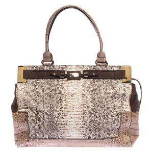 Escada Beige/Brown Croc Embossed Leather and Nubuck Tote