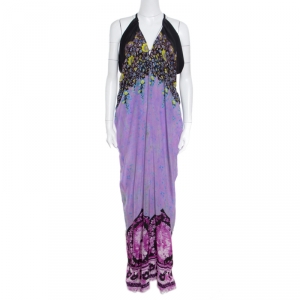 Etro Lavender and Black Floral Printed Sleeveless Draped Maxi Dress L