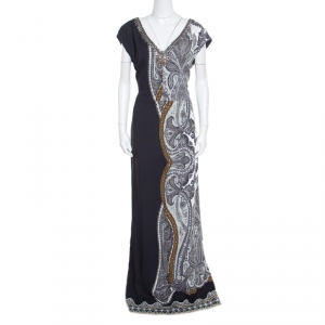 Pre Owned Etro Monochrome Paisley Printed Embellished Maxi Dress L