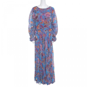 Pre Owned Etro Blue Ornate Floral Printed Silk Lined Pleated Maxi Dress L