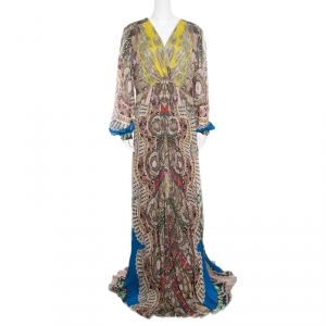 Etro Multicolor Paisley Printed Silk Plunge Neck Maxi Dress L