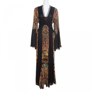 Etro Black Damask Printed Silk Lace Insert Detail V Neck Gown L