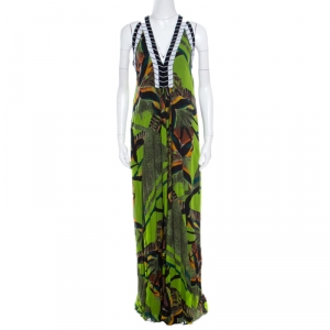 Etro Multicolor Printed Silk Beaded Plunge Neck Draped Back Dress M
