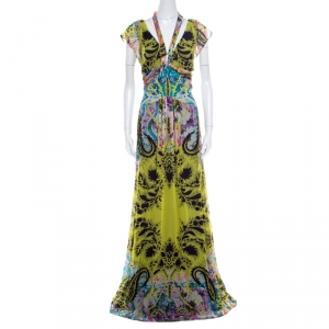 Etro Multicolor Printed Silk Neck Tie Detail Plunge Neck Maxi Dress L