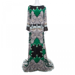 Etro Multicolor Paisley Printed Silk Embellished Cuff Detail Maxi Dress L 