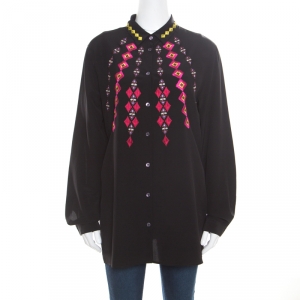 Pre Owned Etro Black Silk Crepe de Chine Embroidered Long Sleeve Shirt L