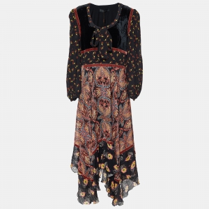 Pre Owned Etro Multicolor Print Silk and Velvet Asymmetrical Midi Dress L