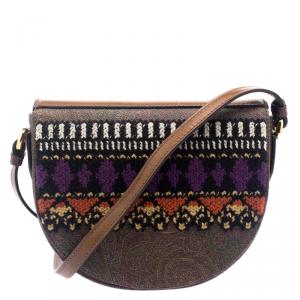 Pre Owned Etro Brown Paisley Coated Canvas Crochet Detail Shoulder Bag