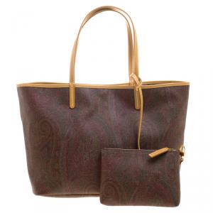 Pre Owned Etro Brown Paisley Printed Leather Shopper Tote