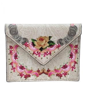 Pre Owned Etro Beige Printed Leather Card Holder Wallet