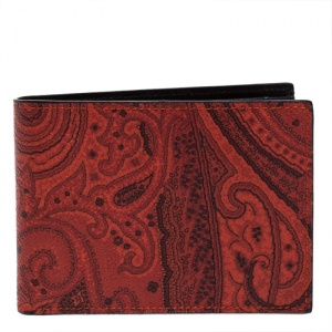Pre Owned Etro Orange Paisley Printed Coated Canvas Bifold Wallet           
