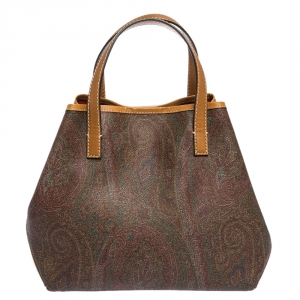 Pre Owned Etro Brown/Mustard Paisley Print Coated Canvas and Leather Tote