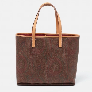 Etro Brown Paisley Printed Coated Canvas and Leather Shopper Tote