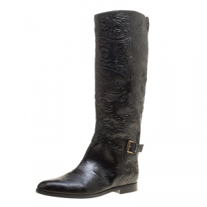 Etro Black Paisley Embossed Leather Knee High Boots Size 41