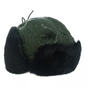 Pre Owned Etro Dark Green Leather and Rabbit Fur Aviator Hat L