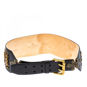 Pre Owned Etro Black Leather Crystal Embellished Waist Belt 75 CM