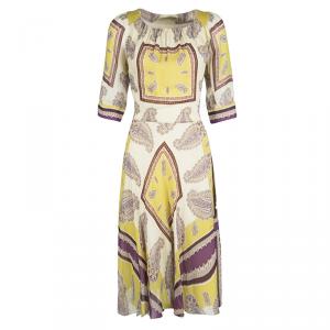 Etro Cream Paisley Printed Silk Short Sleeve Waist Tie Detail Dress M