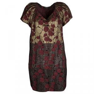 Pre Owned Etro Red and Gold Brocade Short Sleeve Shift Dress L