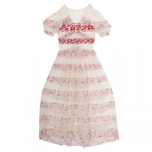 Pre Owned Etro Cream and Red Floral Embroidered Paneled Lace Sheer Maxi Dress M 