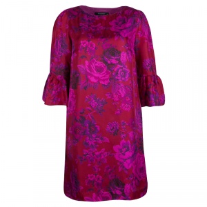 Pre Owned Etro Pink Rose Printed Silk Flute Sleeve Shift Dress M