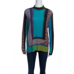 Pre Owned Etro Multicolor Printed Jersey Turtle Neck Long Sleeve T-Shirt L